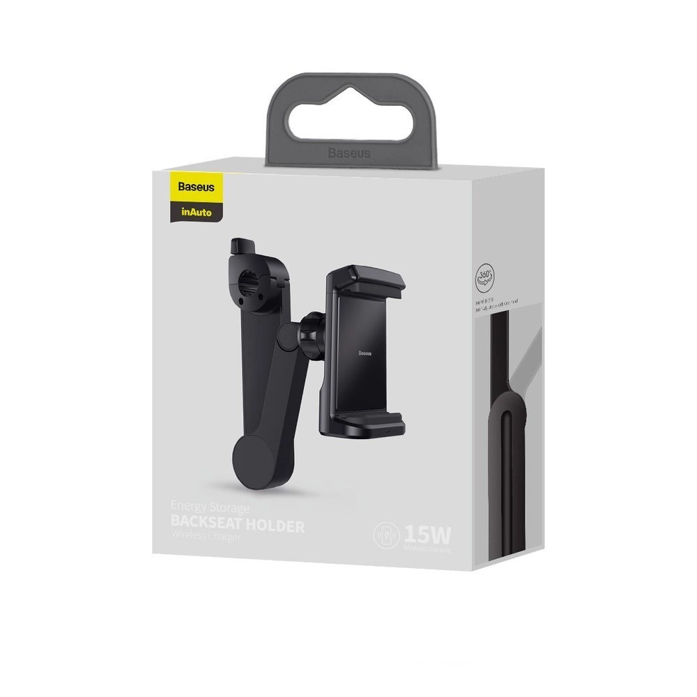 Uchwyt Baseus inAuto do tylnego siedzenia do ładowania bezprzewodowego jest wyświetlany w opakowaniu. Pudełko jest białe z czarnymi szczegółami produktu.