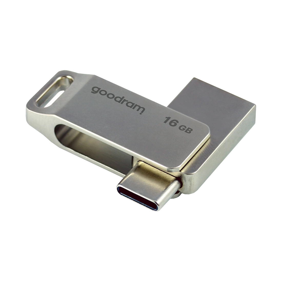 Srebrny pendrive z napisem 'goodram' i '16 GB', ze złączem USB-C. Na białym tle.