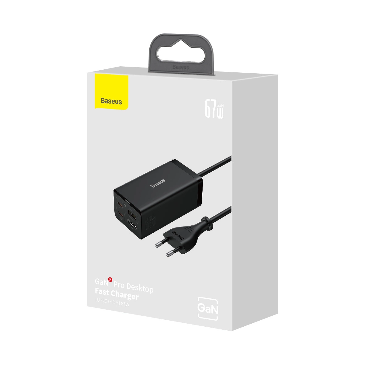 Pokazano pudełko ładowarki Baseus 67W GaN Pro Desktop Fast Charger. Zawiera czarną ładowarkę z wieloma portami i kablem zasilającym.