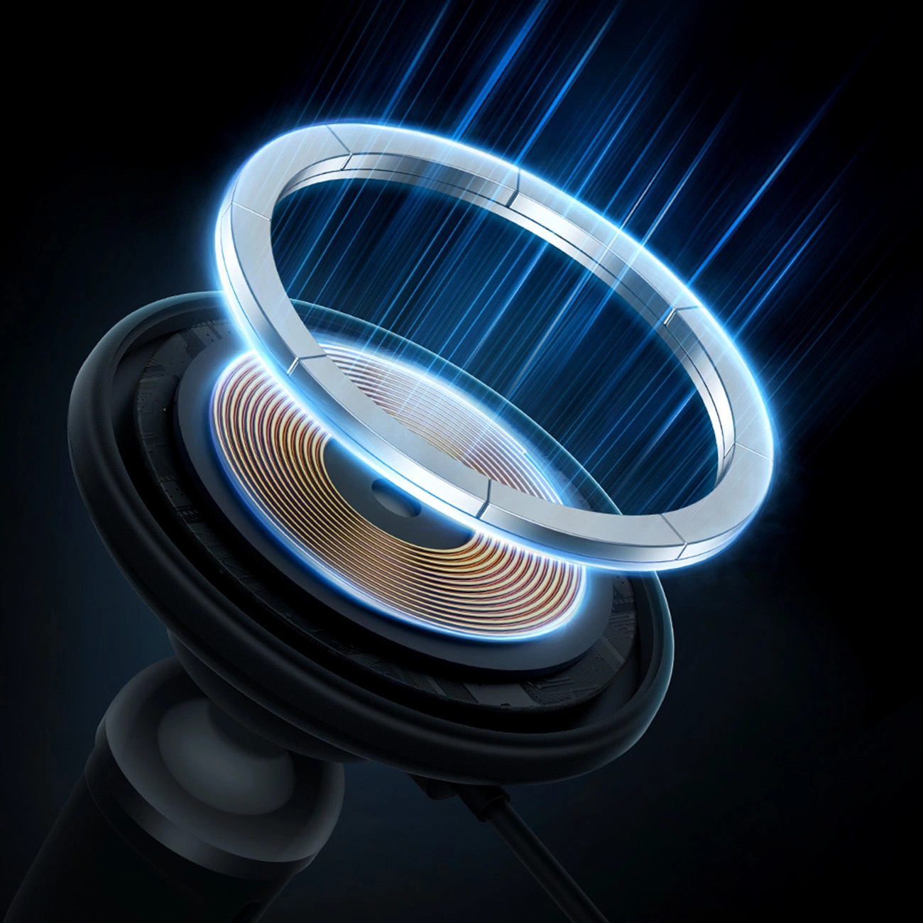 Zbliżenie urządzenia ładującego z metalowym pierścieniem i niebieskimi efektami świetlnymi. Cewki i ciemne tło tworzą futurystyczny wygląd.