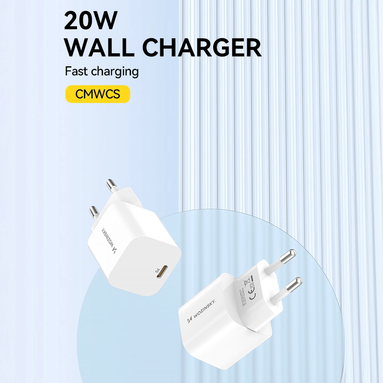Obraz przedstawia dwie białe ładowarki ścienne z wtyczkami. Tekst brzmi '20W WALL CHARGER' i 'Fast charging'.