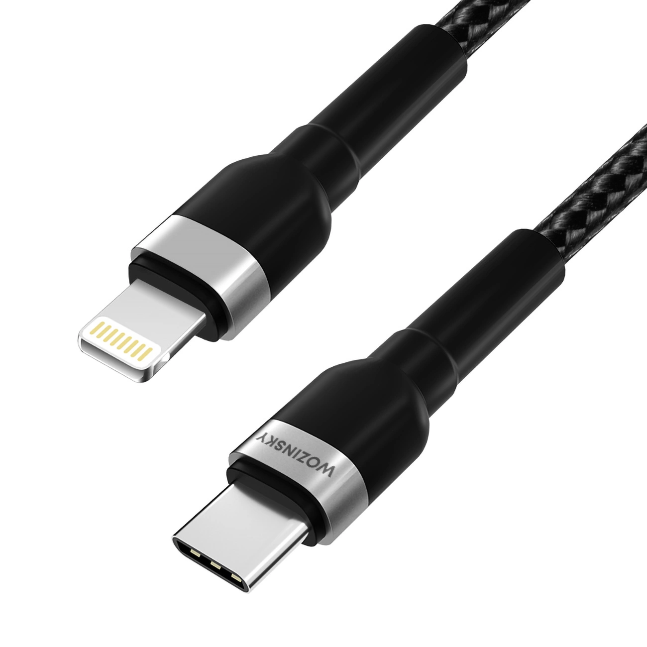 Dwa czarne kable do ładowania ze srebrnymi złączami. Jeden Lightning, jeden USB-C. Pleciony kabel. Białe tło.