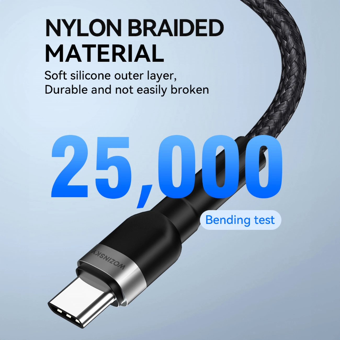 Pleciony kabel USB-C z nylonu z czarnym złączem i srebrną obudową. Tekst mówi '25.000' i 'Test zginania'.