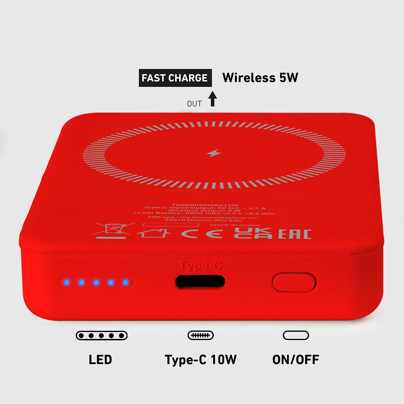 Czerwona ładowarka bezprzewodowa. Zawiera wskaźniki LED, Type-C 10W oraz przycisk włączania/wyłączania. Posiada szybkie ładowanie i wyjście bezprzewodowe 5W.
