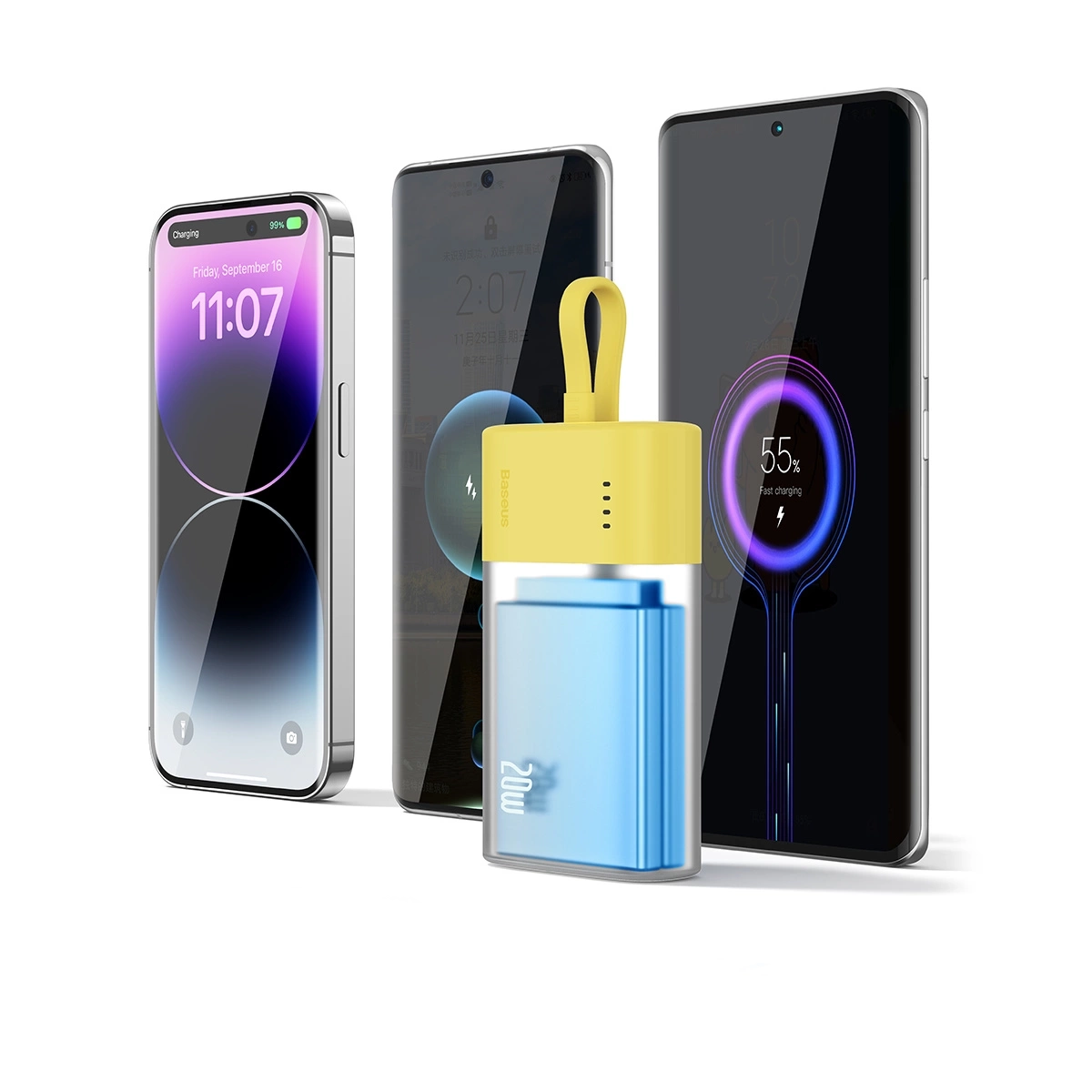 Trzy smartfony w trakcie ładowania. Żółty i niebieski power bank pośrodku. Jeden telefon pokazuje 55% naładowania, drugi 99%.