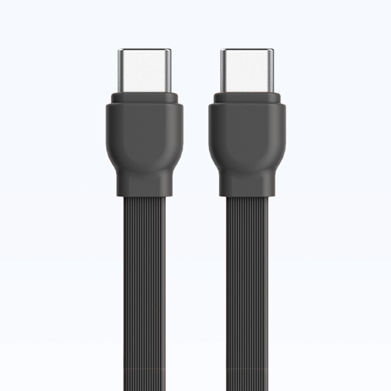 Dwa czarne kable USB-C, pionowe i wyśrodkowane, na białym tle. Każdy kabel ma srebrne złącze.