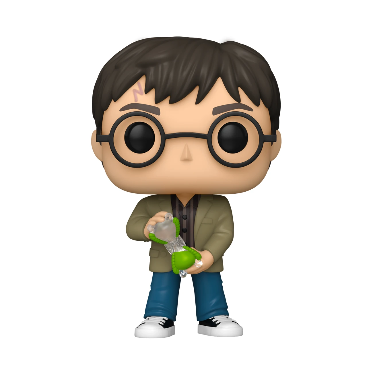 Figurka Funko Pop Harry'ego Pottera. Ma okulary, bliznę i trzyma zielony eliksir. Nosi zieloną kurtkę, niebieskie dżinsy i białe buty.
