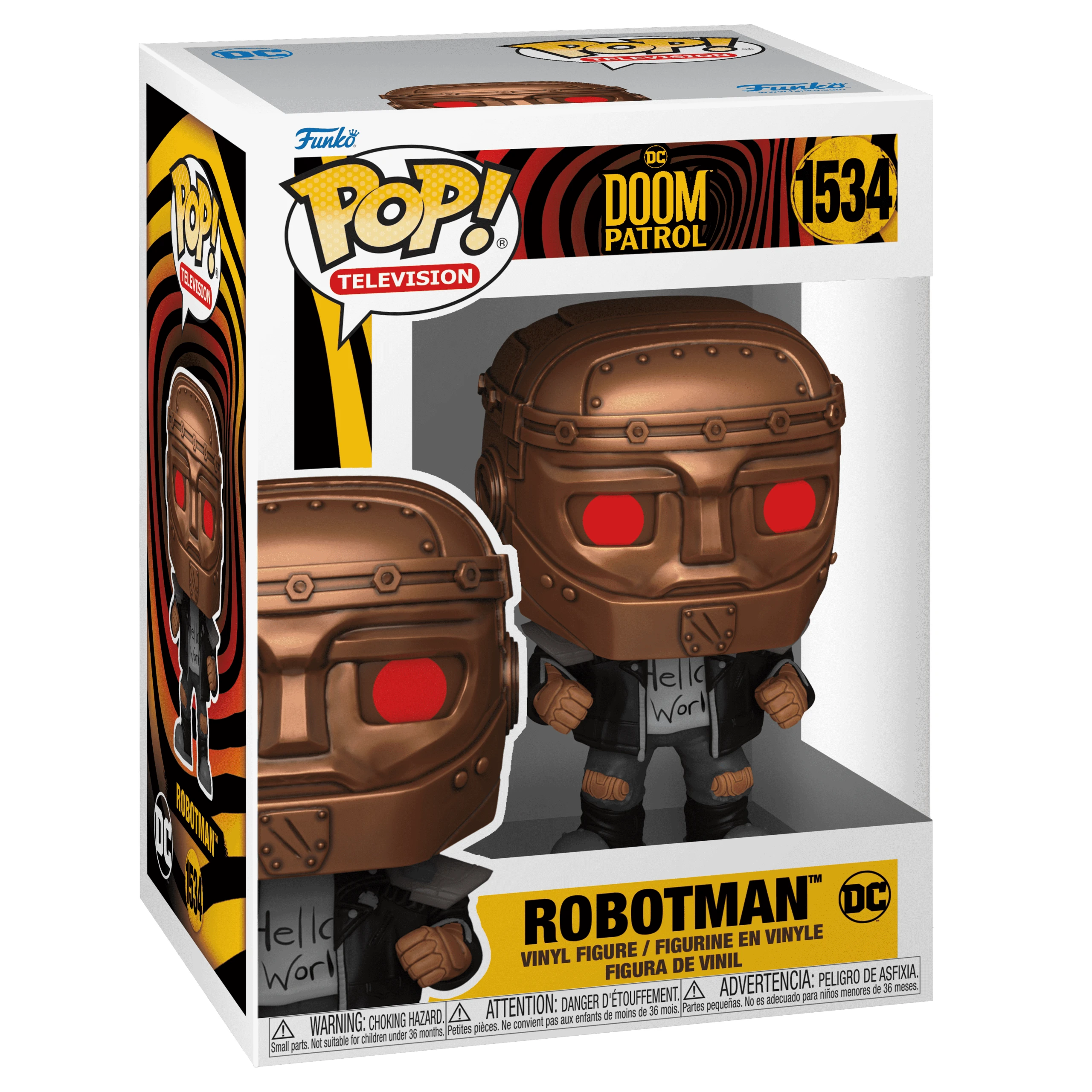 Figurka Robotman Funko Pop w pudełku. Ma brązową głowę i czerwone oczy.