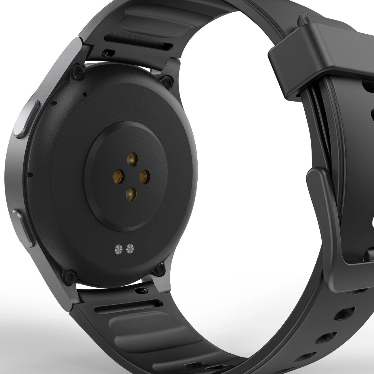 Zbliżenie spodu smartwatcha. Czarny zegarek z szarą kopertą, czarnym paskiem i czujnikami. Tło jest białe.