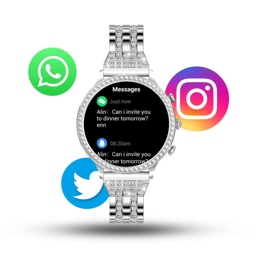 Smartwatch wysadzany diamentami wyświetla wiadomość. Loga WhatsApp, Instagram i Twitter otaczają zegarek.