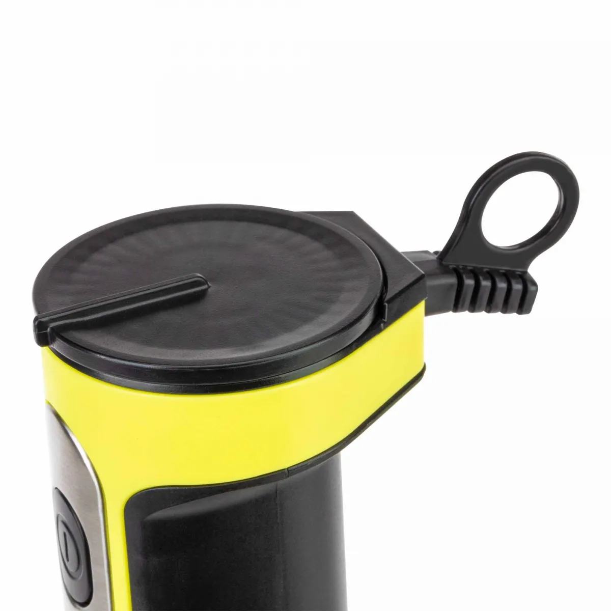 Zbliżenie żółtego i czarnego urządzenia z czarną pokrywą i uchwytem pierścieniowym.