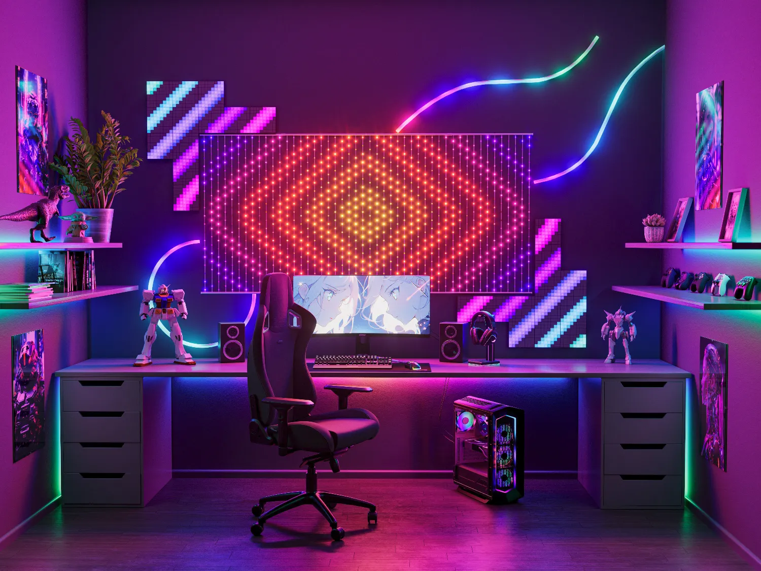 Oświetlony pokój gracza z neonami, biurkiem, krzesłem i komputerem.