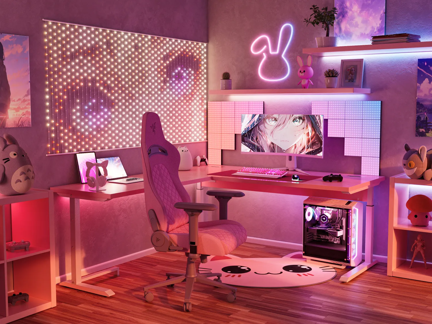 Różowy pokój gamingowy z oświetleniem LED, biurkiem, PC i dekoracjami anime.