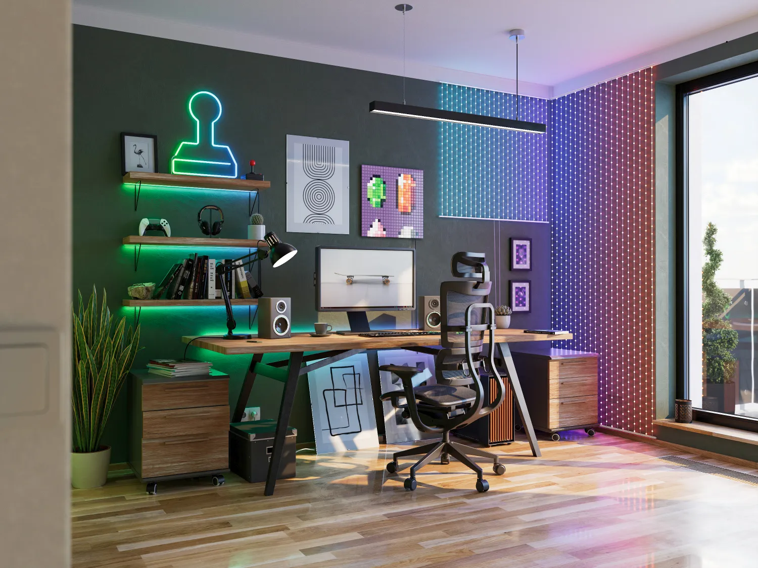 Biurko gamingowe z krzesłem, monitorem i neonowym oświetleniem.