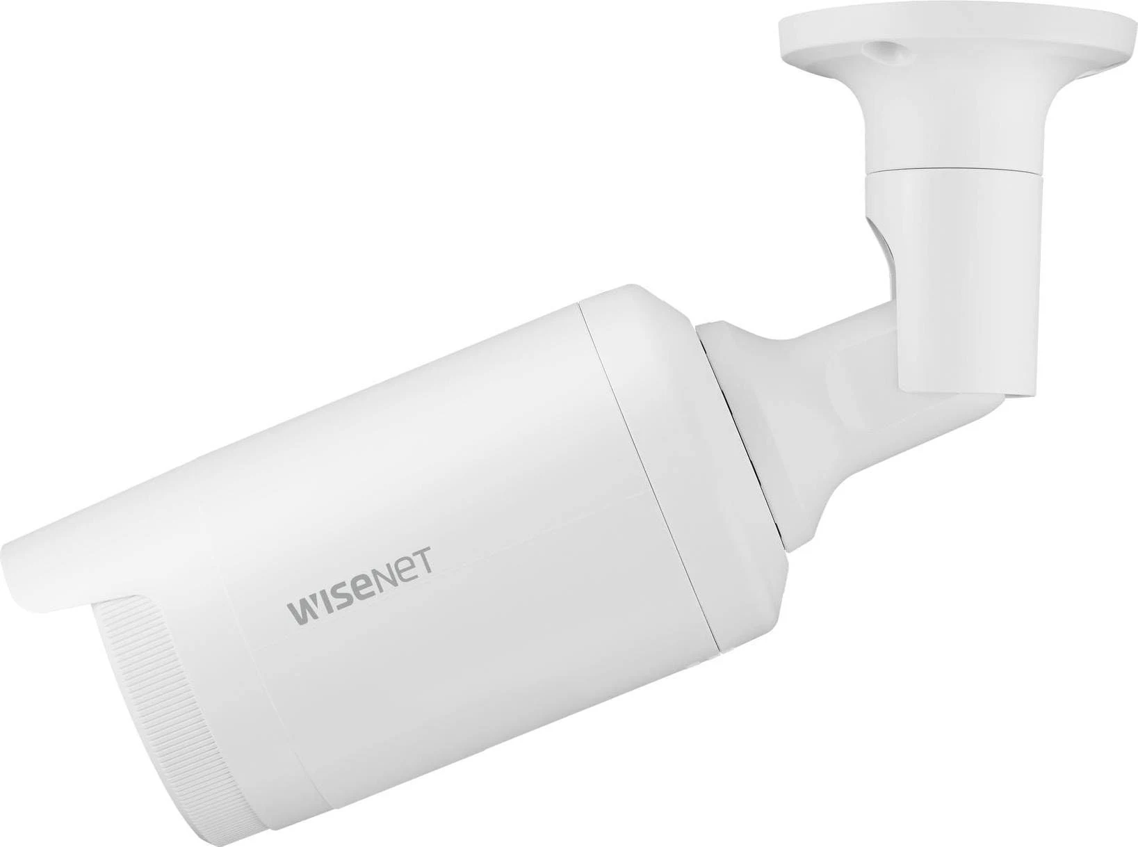 Biała kamera monitoringu z obrotowym ramieniem i okrągłą podstawą montażową.