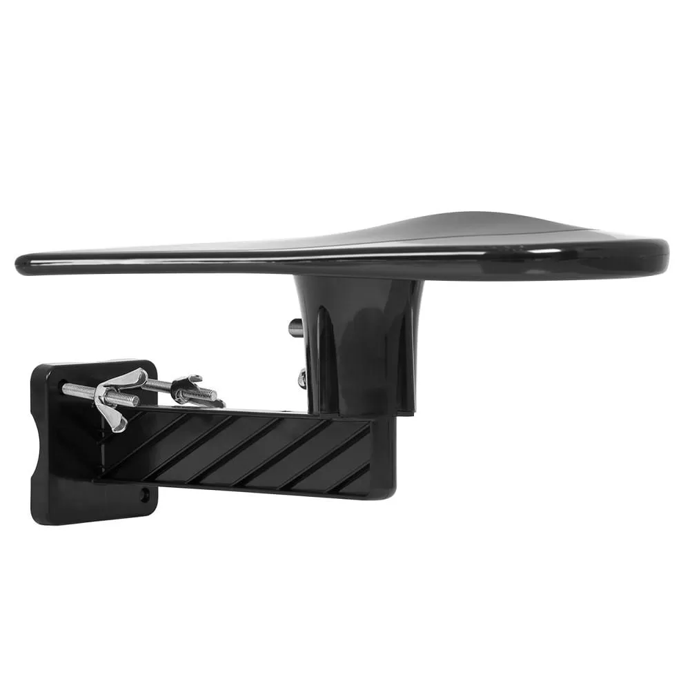 Czarny uchwyt antenowy z obrotowym ramieniem i śrubami montażowymi.