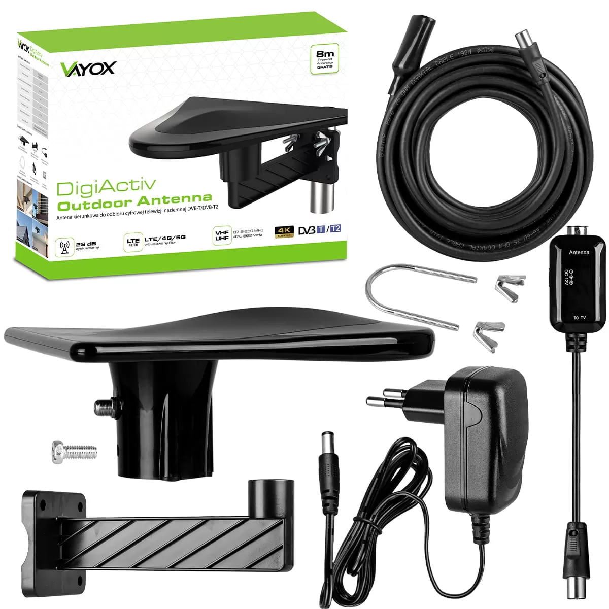 Czarny zestaw antenowy DVB-T2 z kablem, zasilaczem i uchwytem.