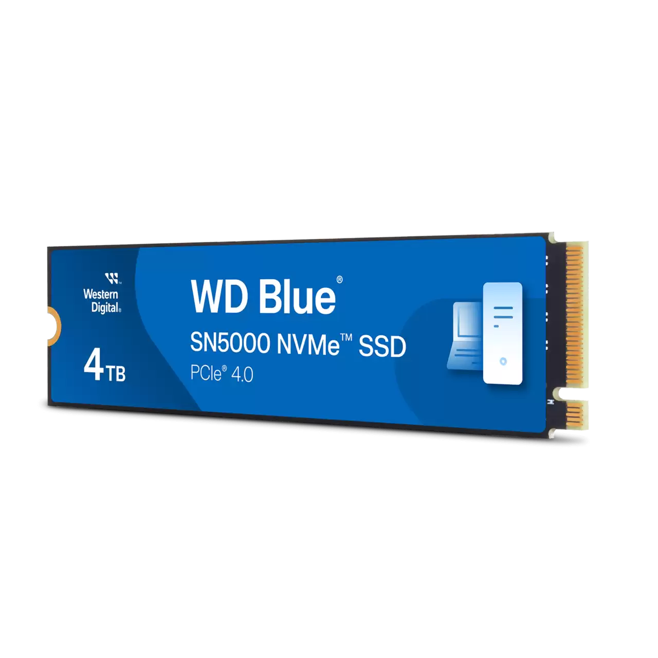 Dysk WD Blue 4TB NVMe z PCIe 4.0. Niebieska etykieta na czarnym tle.