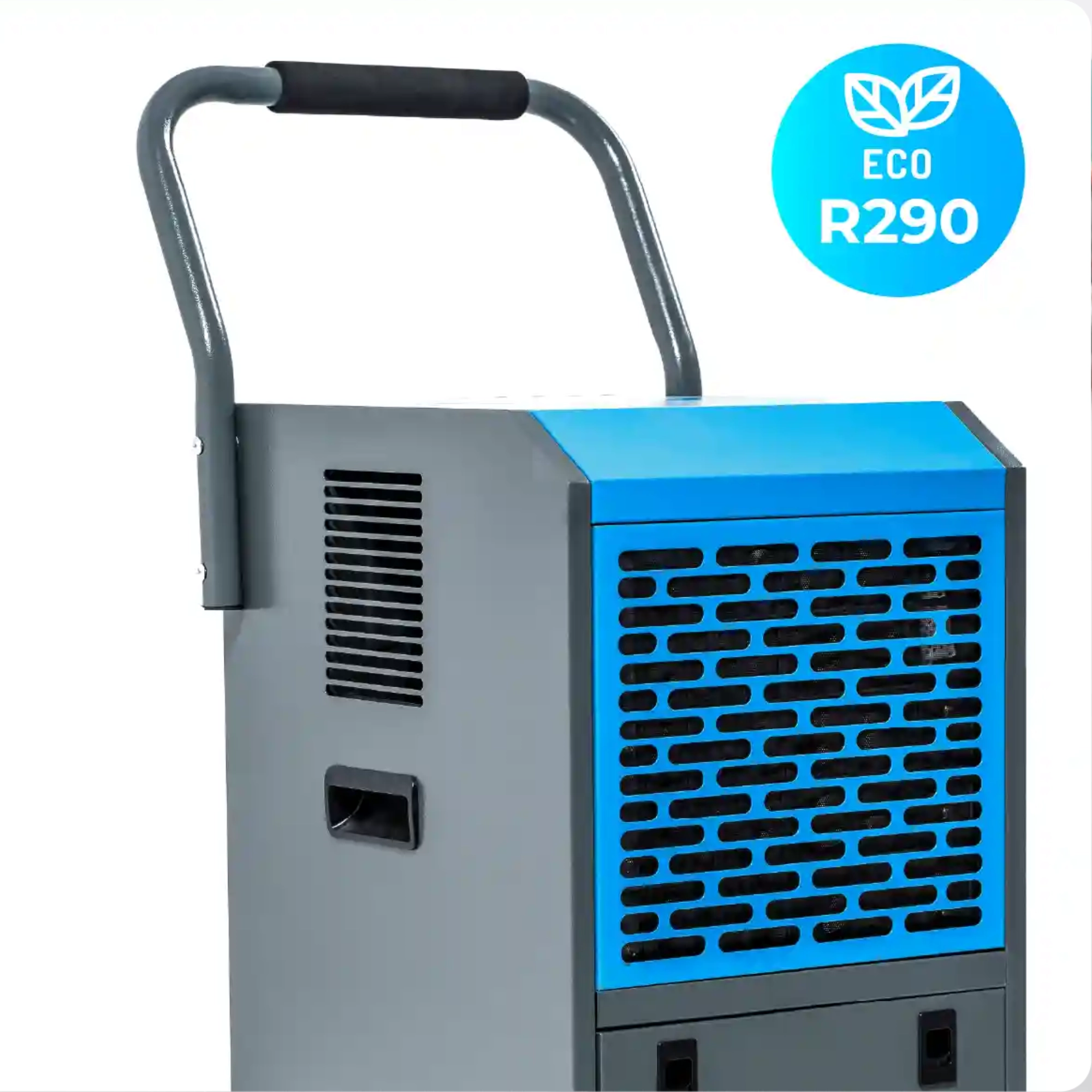 Szary osuszacz powietrza z niebieską kratką wentylacyjną i uchwytem. ECO R290.