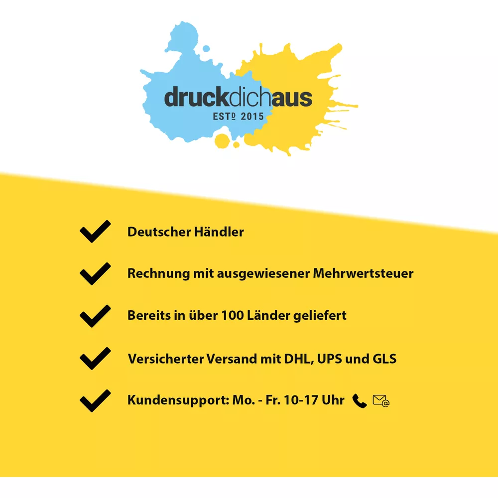 Logo 'druckdichaus' z wypunktowaniem: Niemiecki sprzedawca, faktura z VAT, wysyłka do 100 krajów, ubezpieczona wysyłka, wsparcie pn-pt.