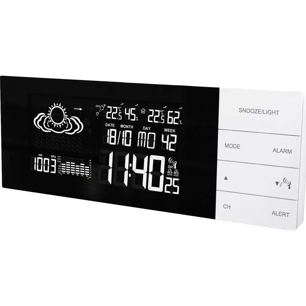 Zegar cyfrowy z wyświetlaczem pogody: 22.5°C, 45%, 1003 hPa, 18/10, 11:40.
