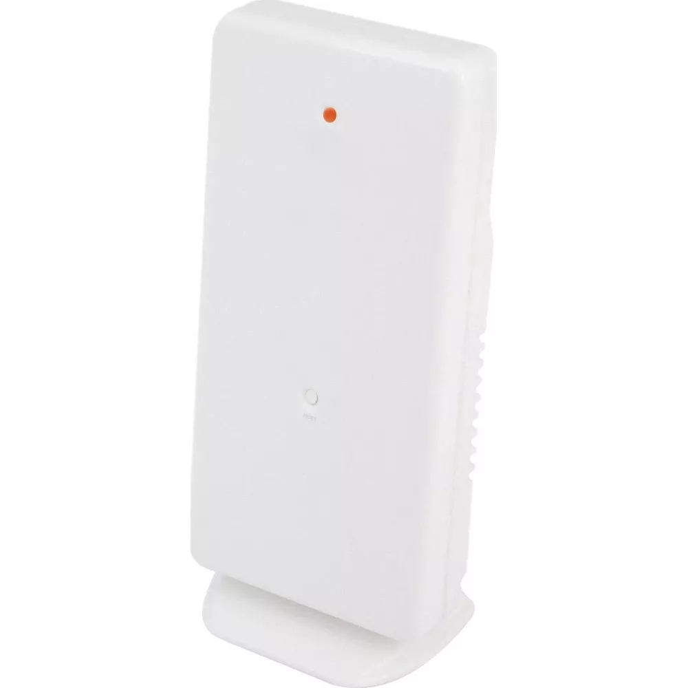 Białe urządzenie z czerwoną kropką i przyciskiem reset.