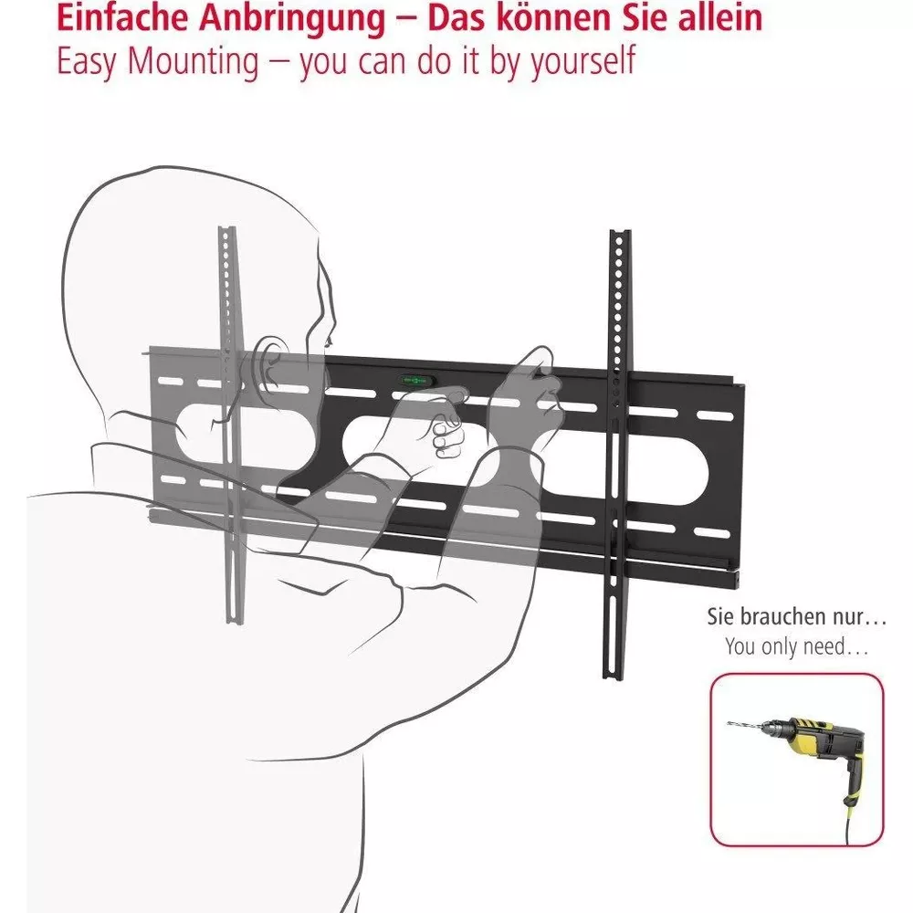 Osoba montuje uchwyt ścienny do telewizora z poziomicą. Pokazano wiertarkę.