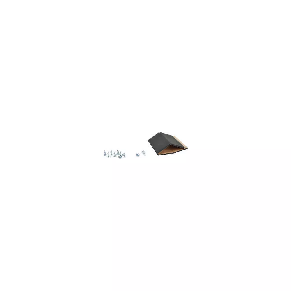 Czarny wspornik narożny z kilkoma śrubami obok.