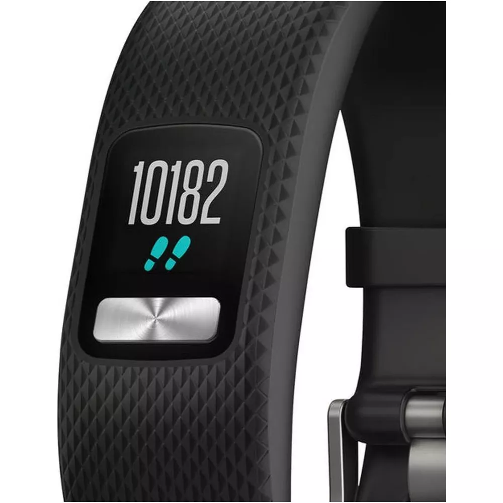 Czarna opaska fitness wyświetlająca 10182 kroki na ekranie.
