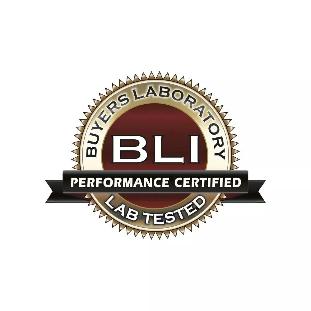Pieczęć BLI: Certyfikat wydajności, testowany w laboratorium. Złota krawędź, czerwone koło.
