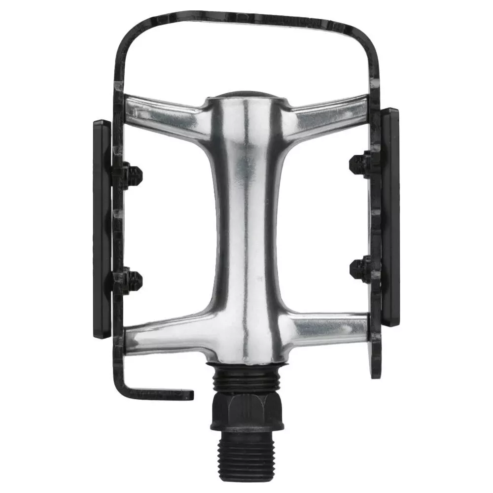 Srebrny pedał rowerowy z czarną ramą i gwintowanym trzpieniem.