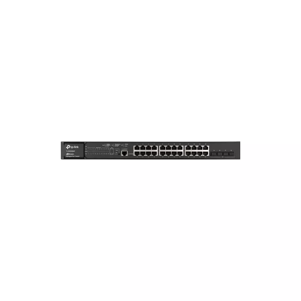 Czarny przełącznik sieciowy TP-Link z 24 portami i wskaźnikami LED.