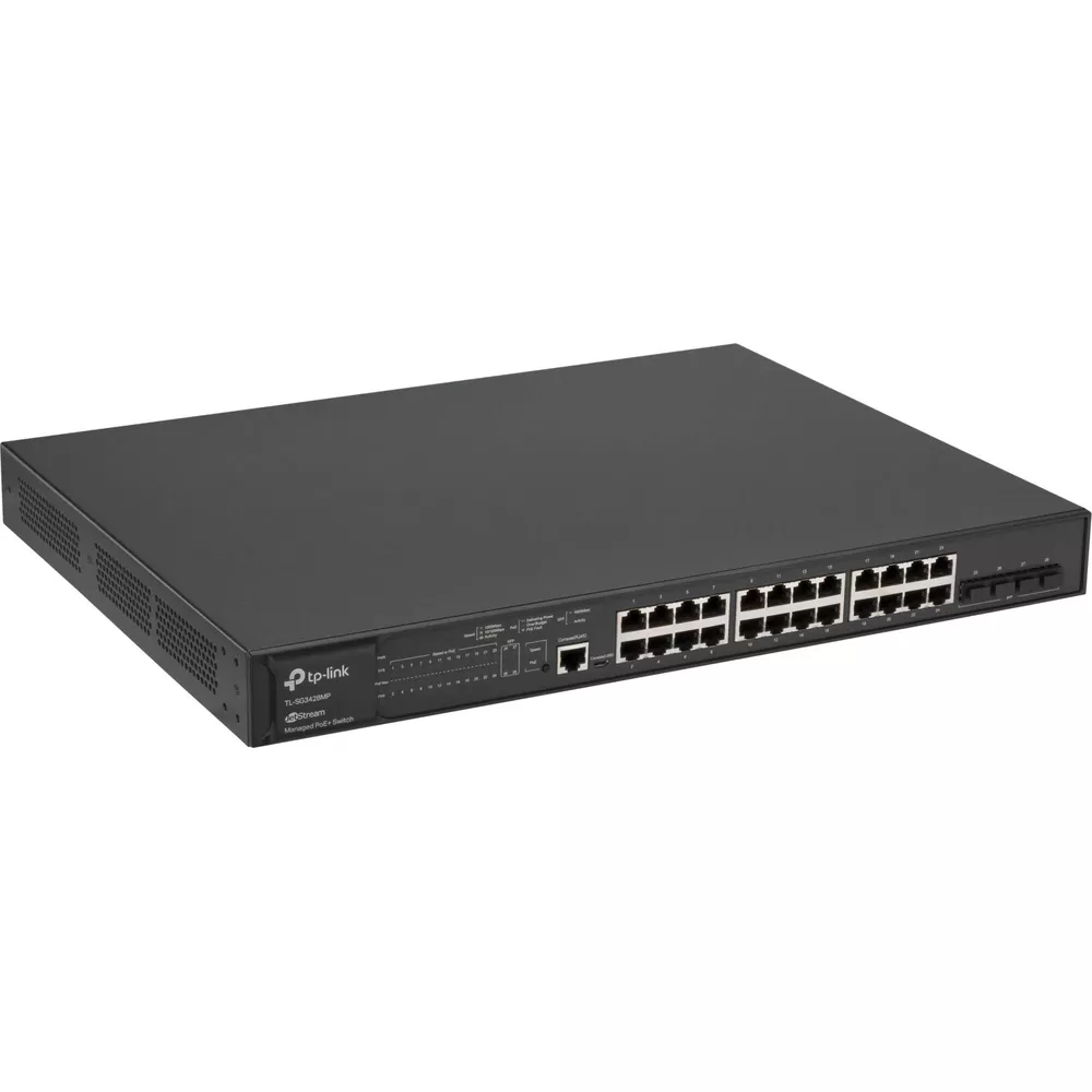 Czarny przełącznik sieciowy TP-Link z 24 portami i wskaźnikami stanu.