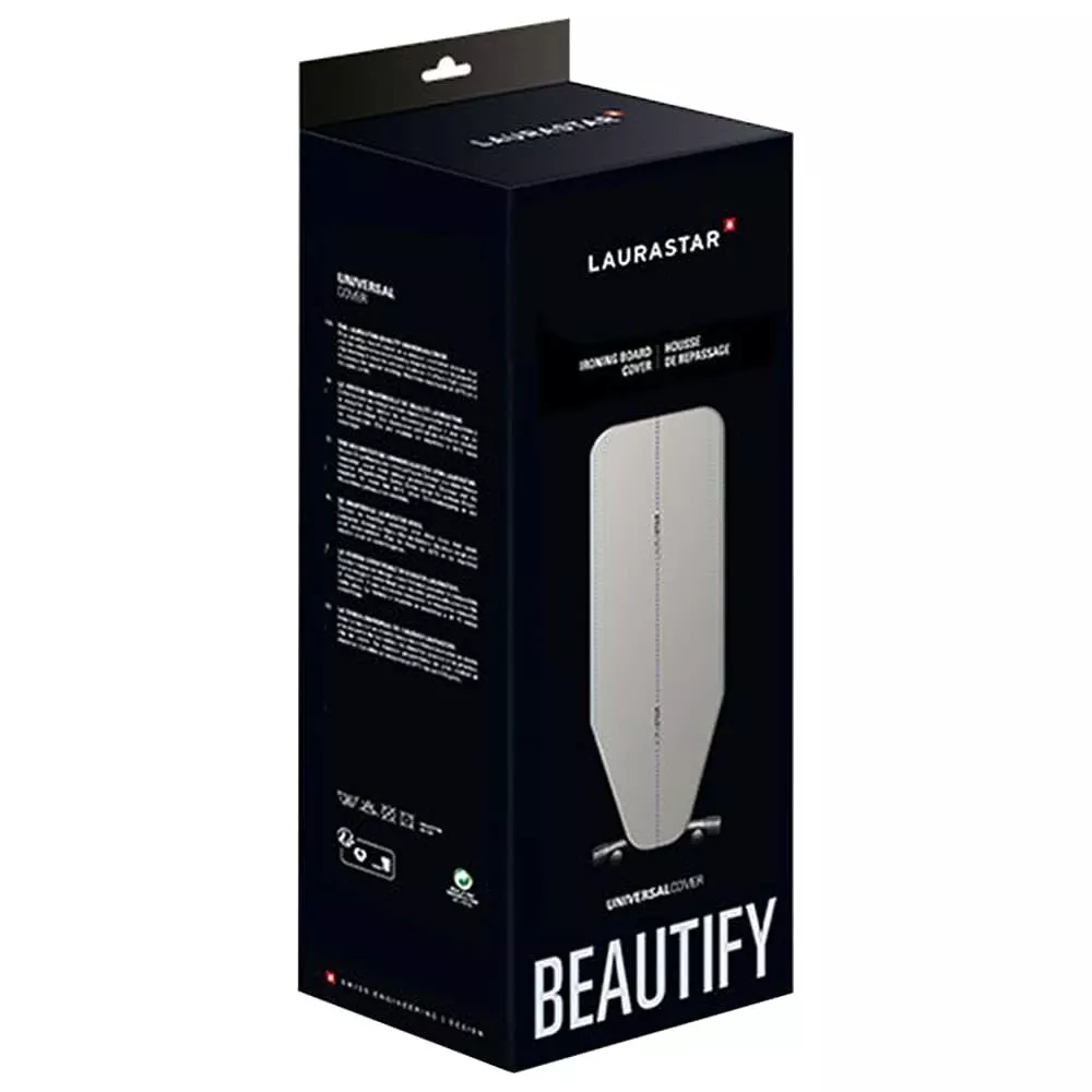 Ciemnoniebieskie opakowanie z napisem „LAURASTAR BEAUTIFY” i zdjęciem pokrowca na deskę do prasowania.