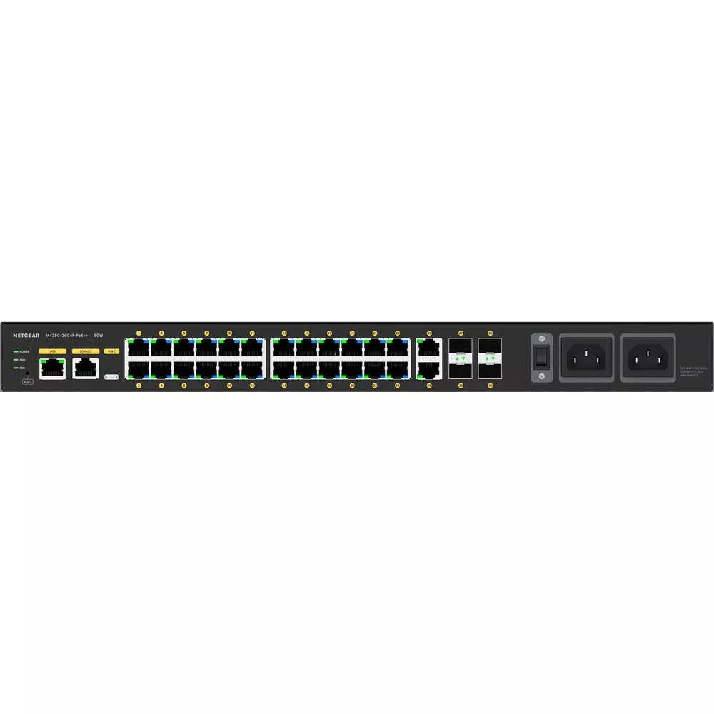 Czarny przełącznik sieciowy z 24 portami i dwoma złączami zasilania.