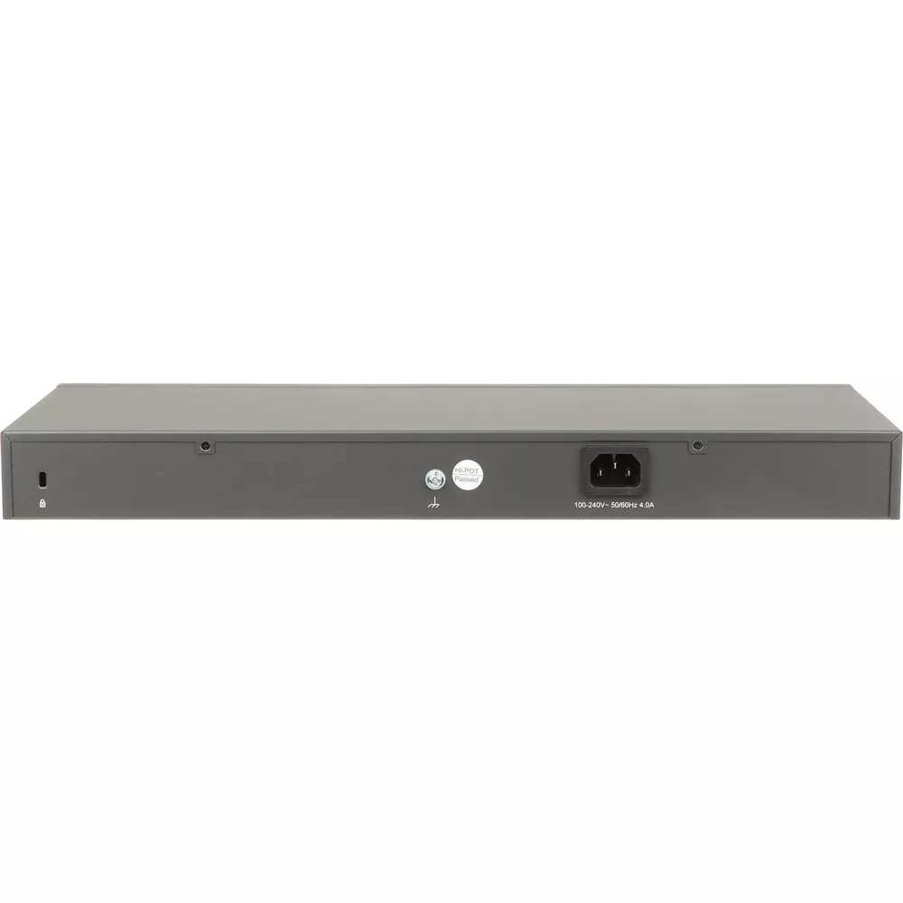 Szara tylna płyta przełącznika sieciowego z wejściem zasilania i naklejką HI-POT Passed.