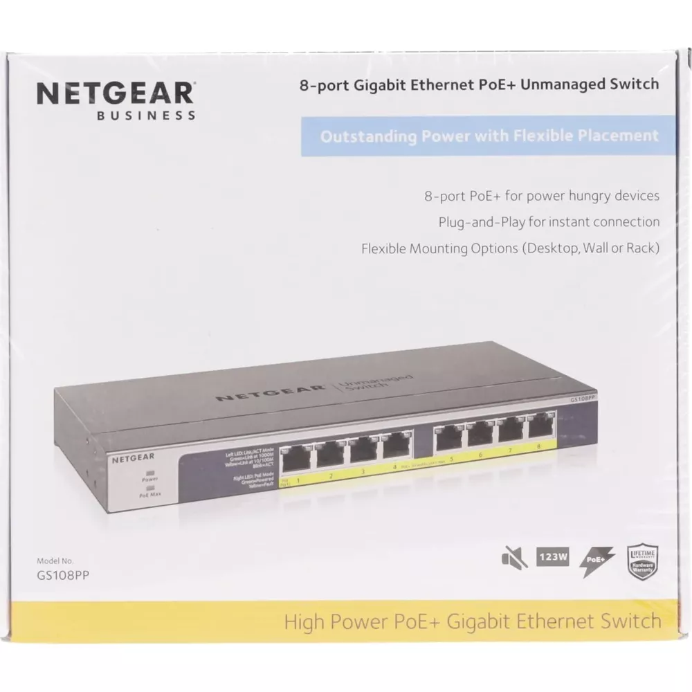 Przełącznik Netgear Gigabit Ethernet PoE+ 8-portowy z zasilaczem i portami Ethernet.