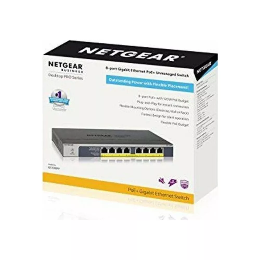 Netgear 8-portowy przełącznik Gigabit PoE+ w białym opakowaniu z obrazem produktu.