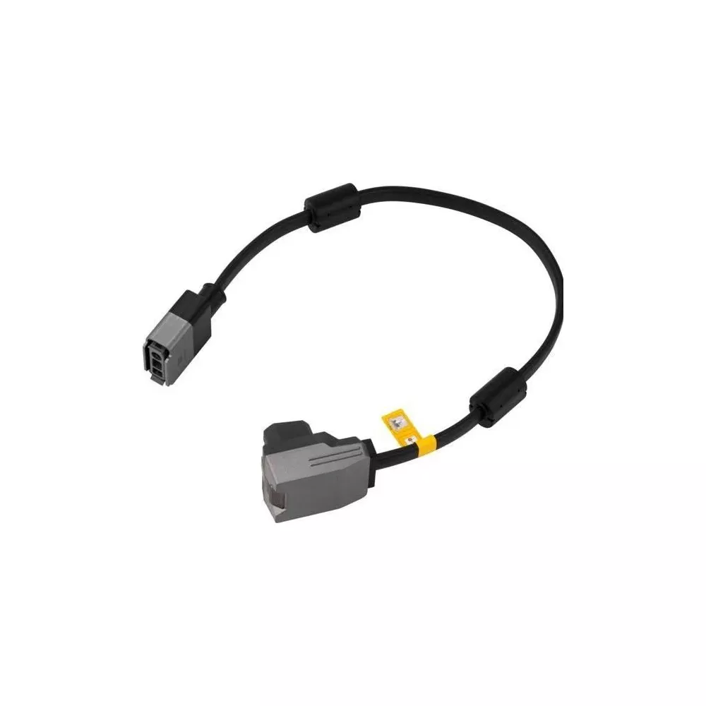 Czarny kabel z dwoma szarymi złączami i czarnymi klipsami.