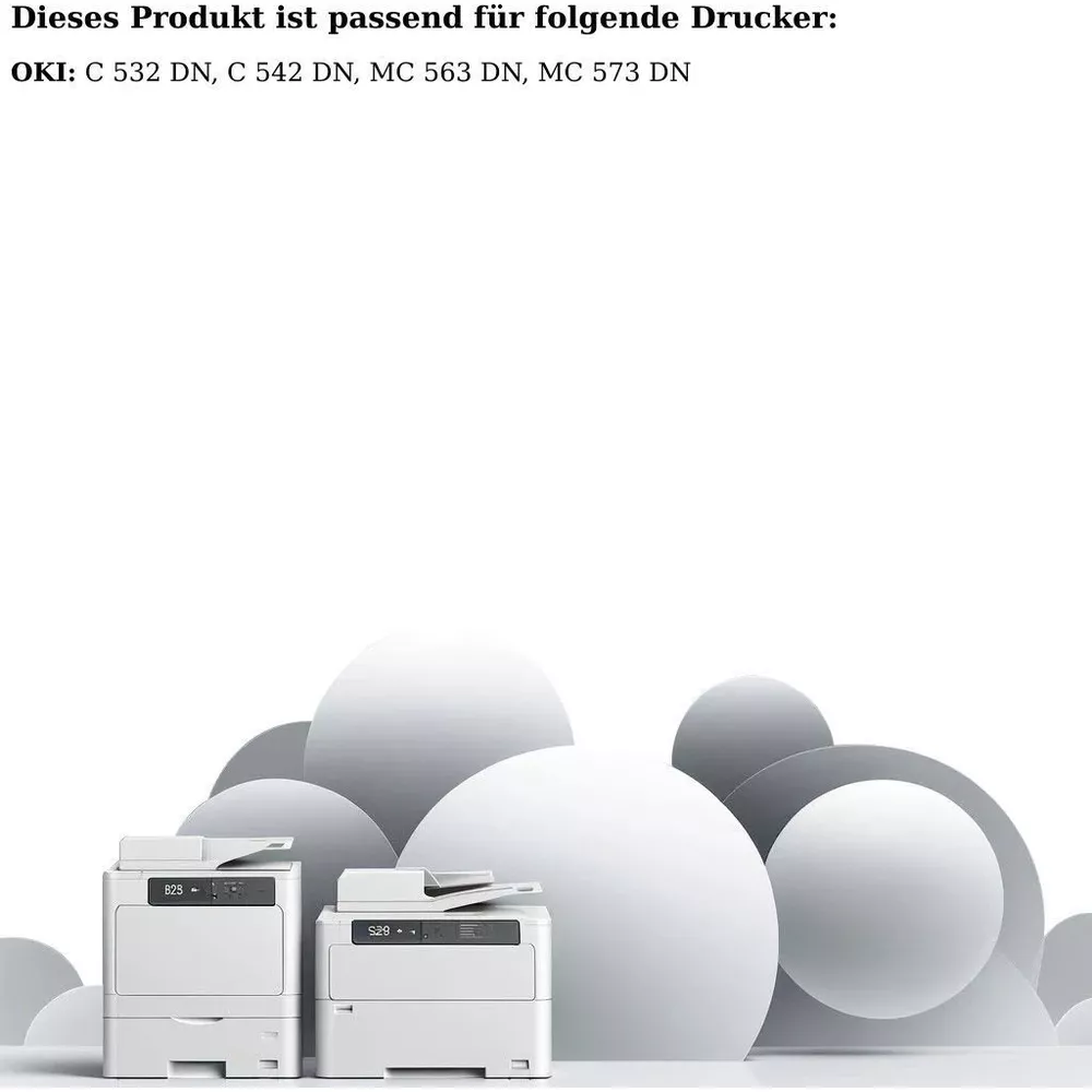 Dwa białe drukarki OKI przed szarymi kołami i kulami.