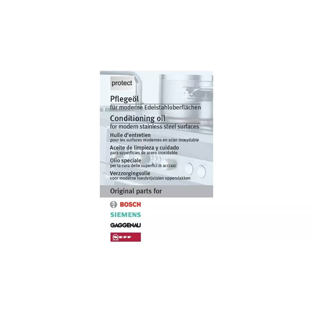 Etykieta oleju do stali nierdzewnej, z logo marek: Bosch, Siemens, Gaggenau, Neff.