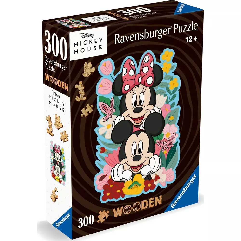 Drewniana układanka Ravensburger 300 elementów z Myszką Mickey i Minnie wśród kwiatów.