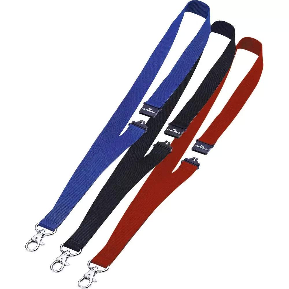 Trzy smycze w kolorach niebieskim, czarnym i czerwonym z haczykami.