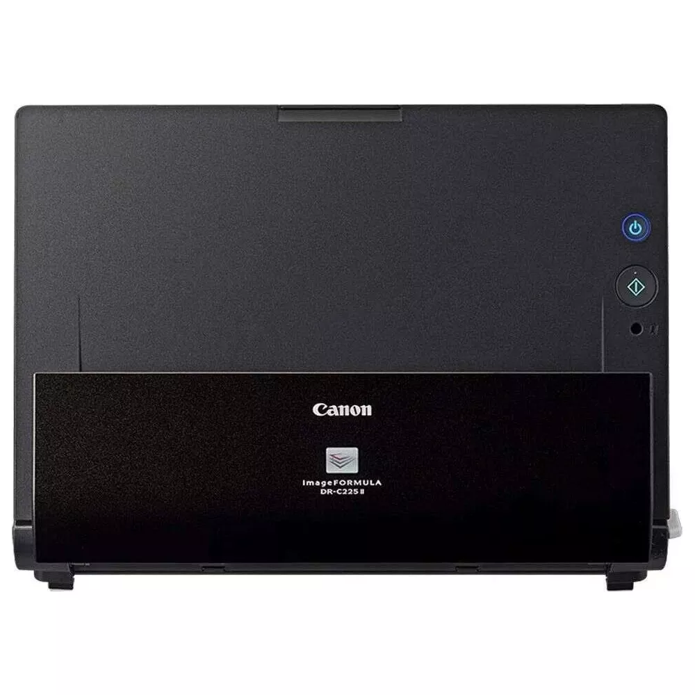 Czarny skaner Canon ImageFORMULA DR-C225 II z panelem sterowania.