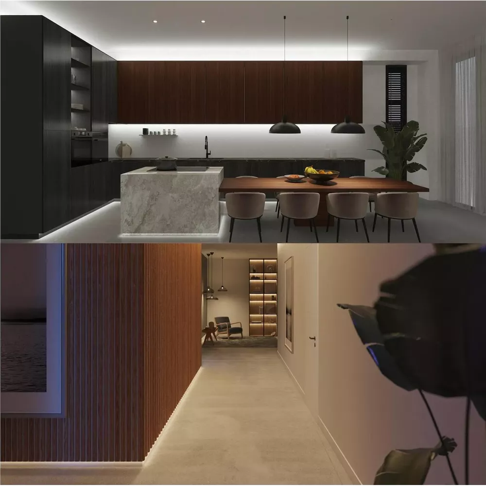 Elegancka kuchnia z drewnianymi akcentami, marmurową wyspą i jadalnią. Korytarz z drewnianą ścianą i rośliną.