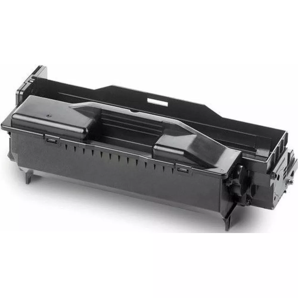 Czarny wkład tonera do drukarki, na białym tle.