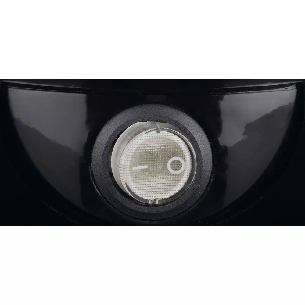 Okrągły, biały przełącznik kołyskowy z poziomą linią dla WŁĄCZENIA i kółkiem dla WYŁĄCZENIA.