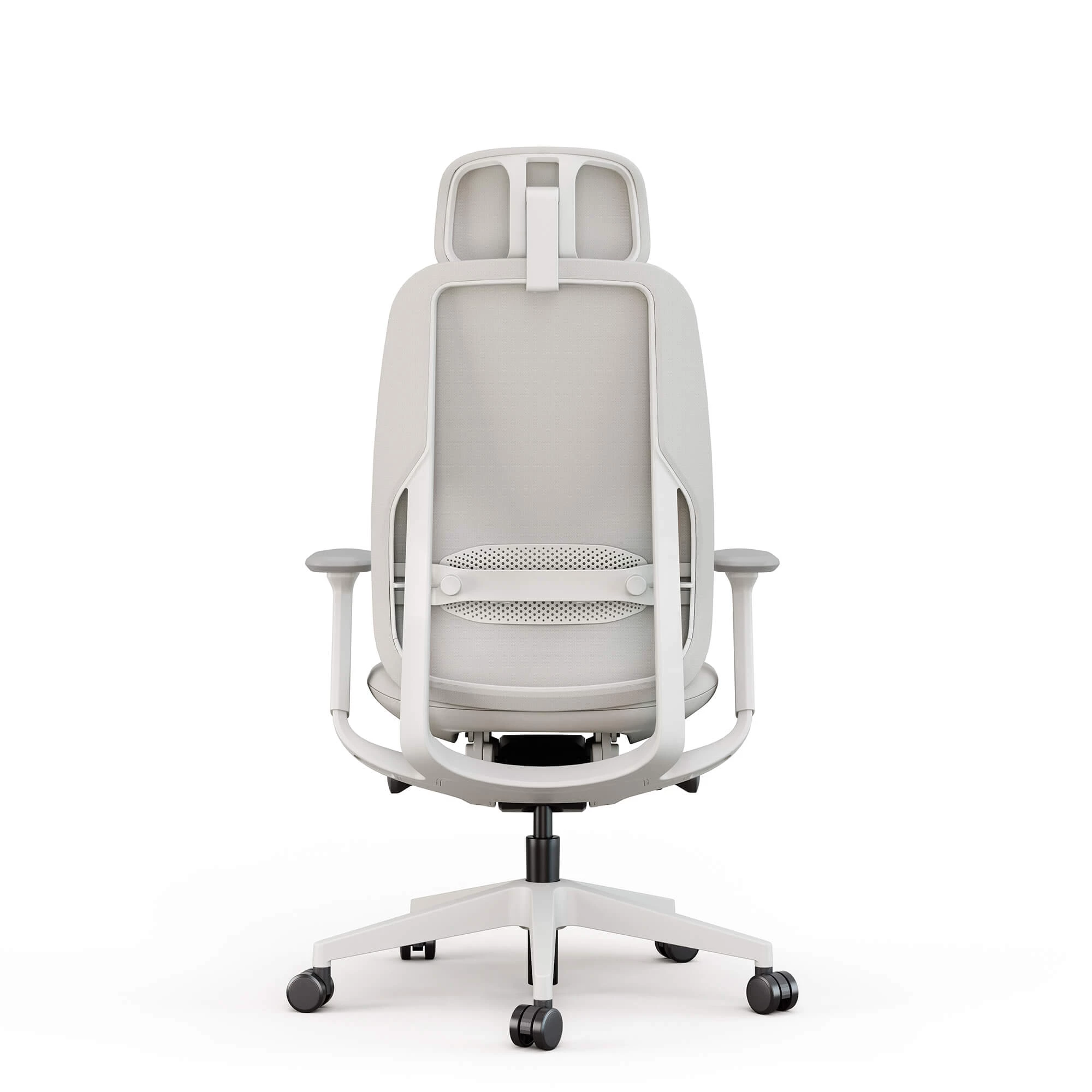 Widok z tyłu białego krzesła biurowego z zagłówkiem i siatkowanym oparciem.