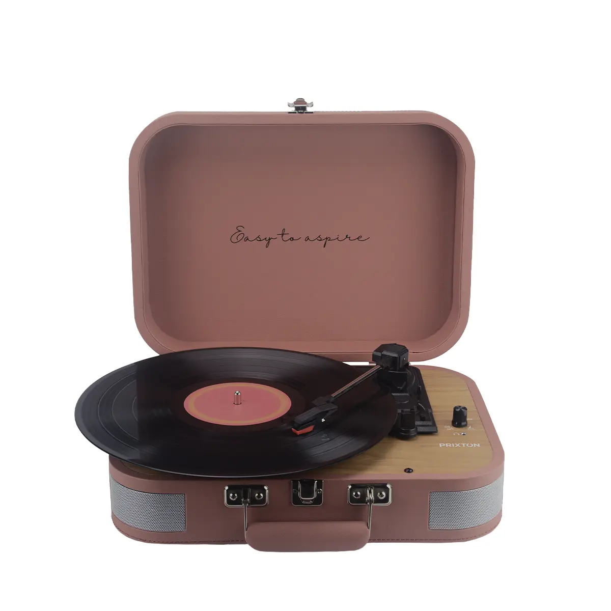 Różowy gramofon w stylu walizki z płytą winylową.