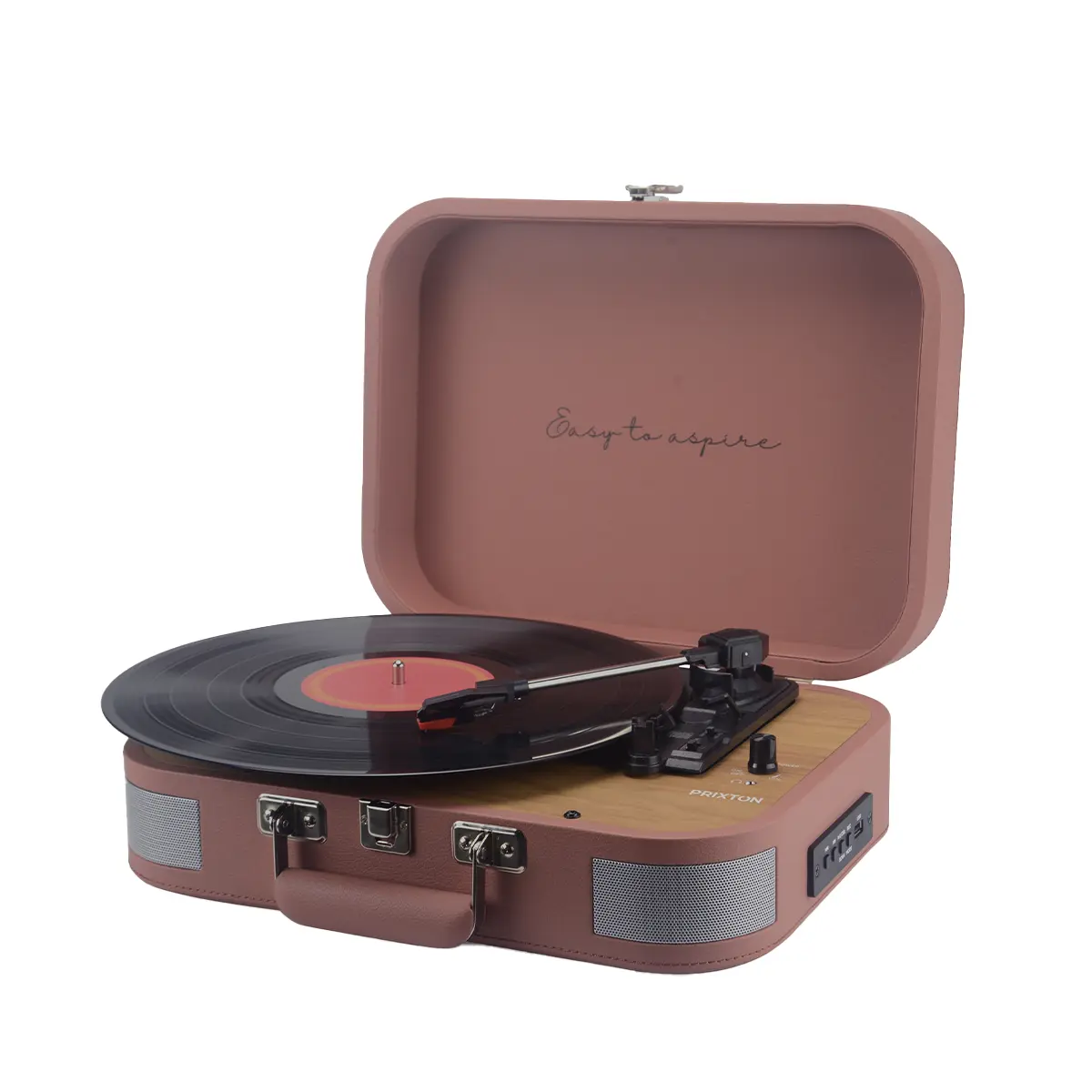 Różowy gramofon w stylu walizki z płytą winylową na wierzchu.